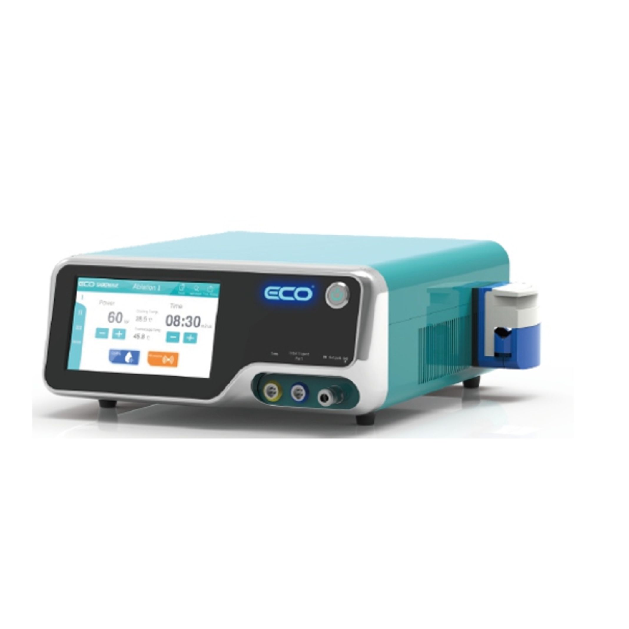 A professional product photograph of a high-end medical generator unit by Eco, showcasing a robust white and grey metallic chassis with striking glowing mint green accents and ports, featuring a high-resolution digital touchscreen interface, isolated on a flawless dark reflective surface against a pure black background.